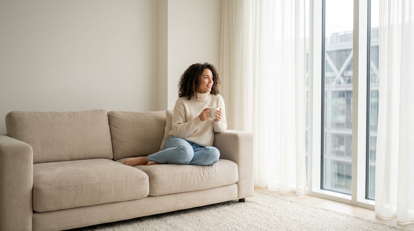 Mulher relaxando em um sofá bege em sua nova sala iluminada, segurando uma caneca e olhando pela janela, transmitindo paz e conforto no próprio lar.