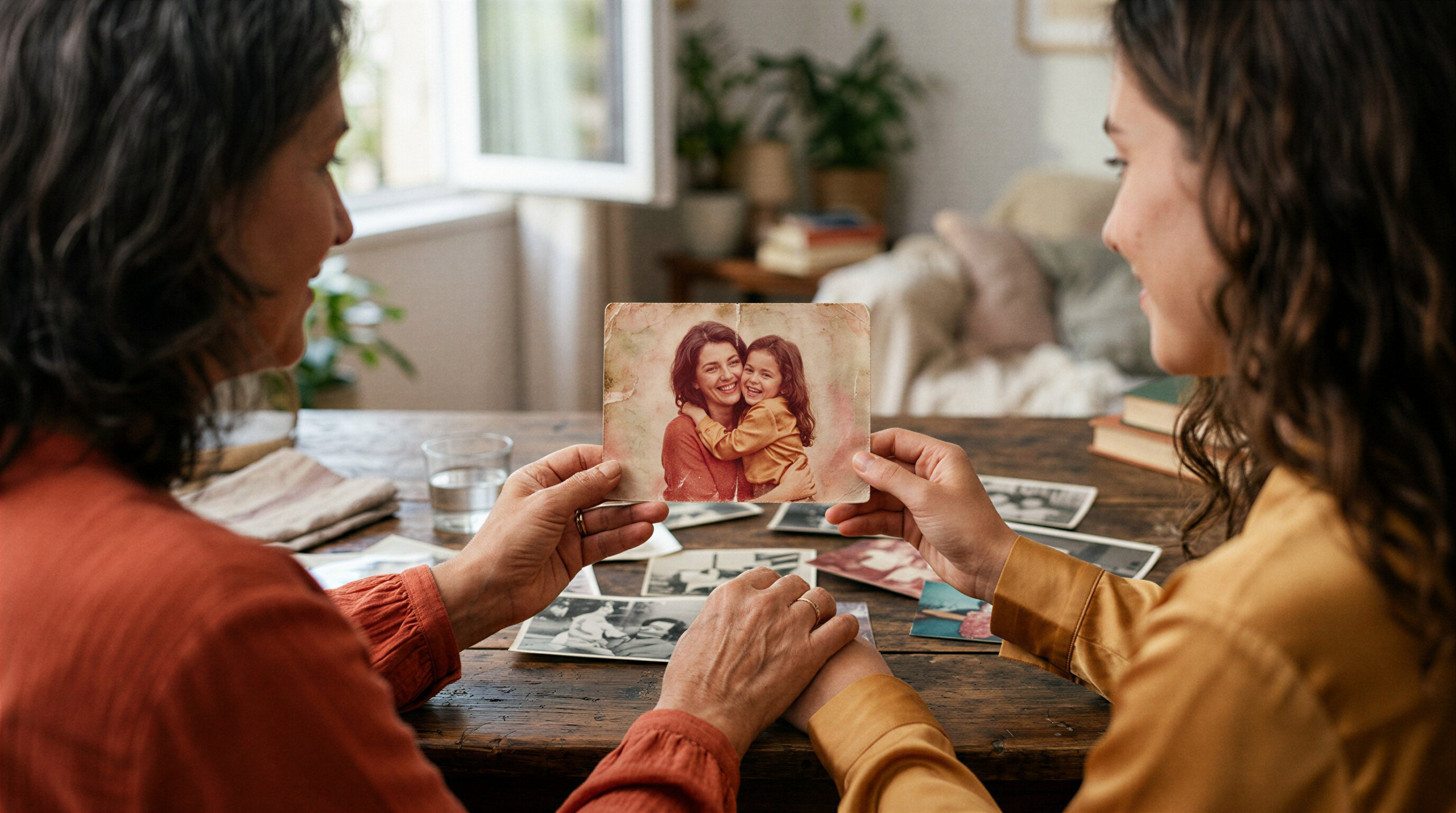 Porta-retratos sobre a mesa de centro, elemento de memória afetiva para a decoração de Dia das Mães.